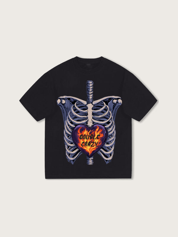 Double Crazy Skeleton Graphic Tee with Heart and Flames