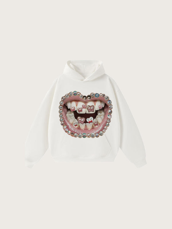 Fashion White Hoodie with Diamond Teeth and Pink Lip Graphic