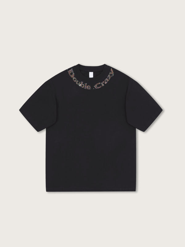 Black T-shirt with Crystal Double Crazy Text Graphic