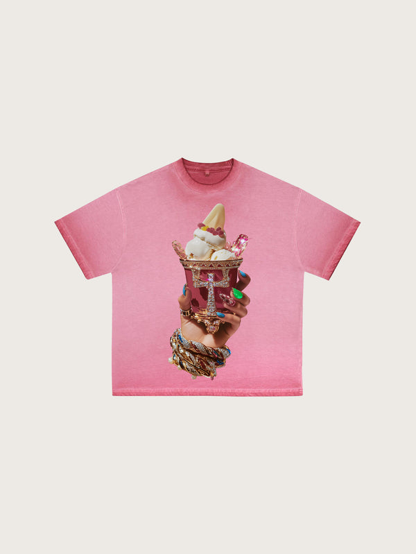 Vibrant Pink T-Shirt Showcasing an Extravagant Ice Cream in a Jewel-Encrusted Goblet Held