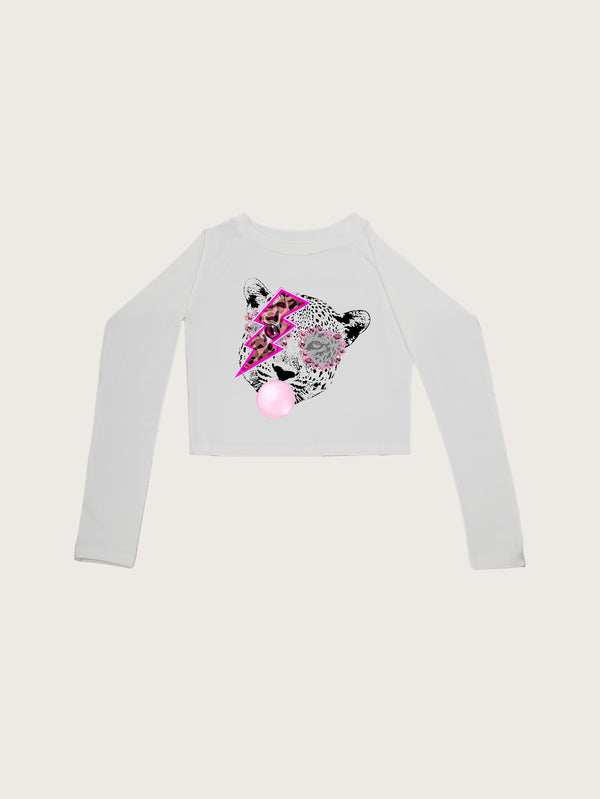 White Long Sleeve Crop Top Leopard Graphic Pink Lightning Casual Streetwear Tee