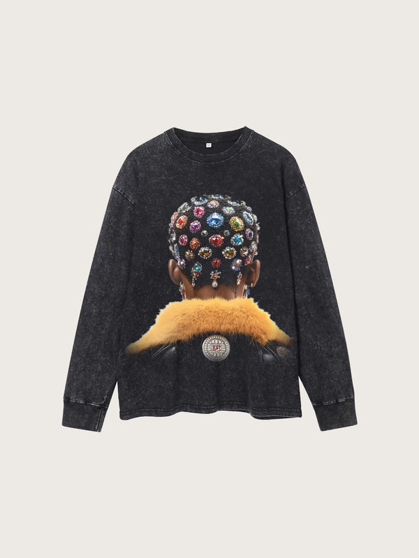 Black Washed Long-Sleeve Shirt Featuring a Back View of a Head Decorated with Multicolored Gemstones