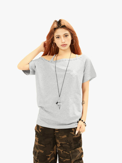 Studded Neckline Asymmetrical Top-S1030