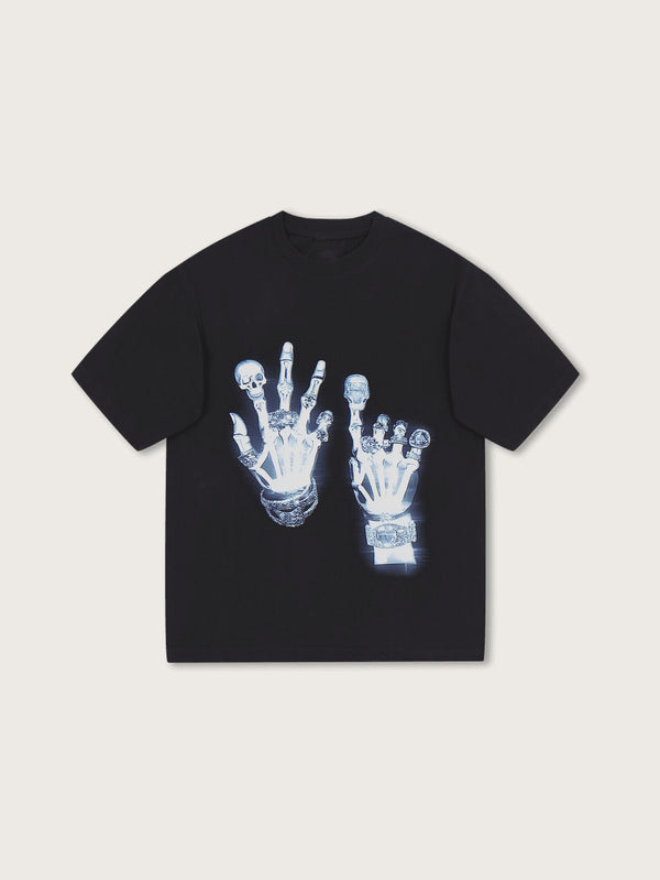 Black Graphic T-Shirt with Skeleton Hands and Diamond Rings Print