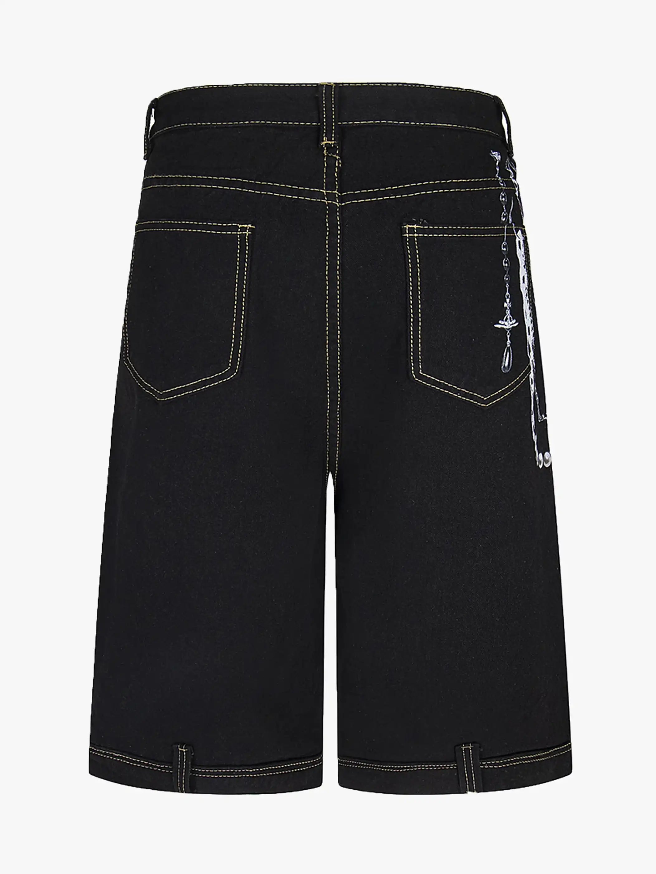 Chain Print Denim Shorts with Poker Graphic-S1014