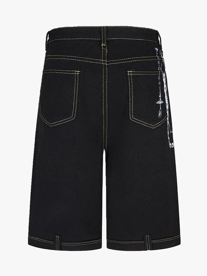 Chain Print Denim Shorts with Poker Graphic-S1014