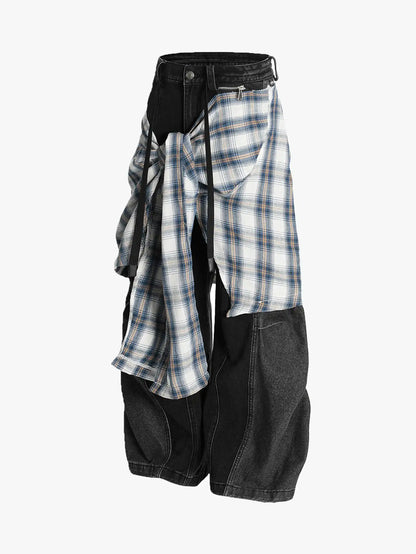 Plaid Shirt Layered Skirt Style Denim Pants-S1021