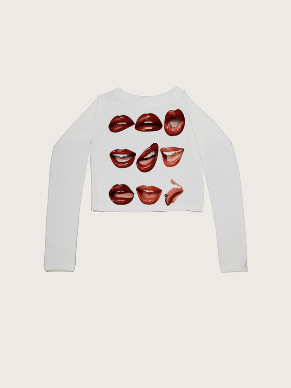 White Long Sleeve Crop Top Lip Graphic Print Slim Fit Casual Streetwear Tee