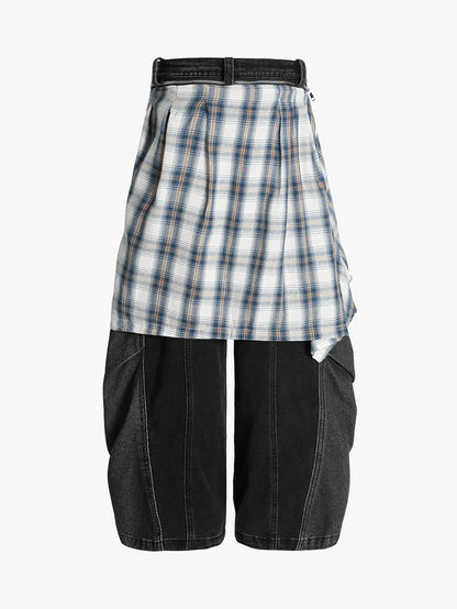 Plaid Shirt Layered Skirt Style Denim Pants-S1021