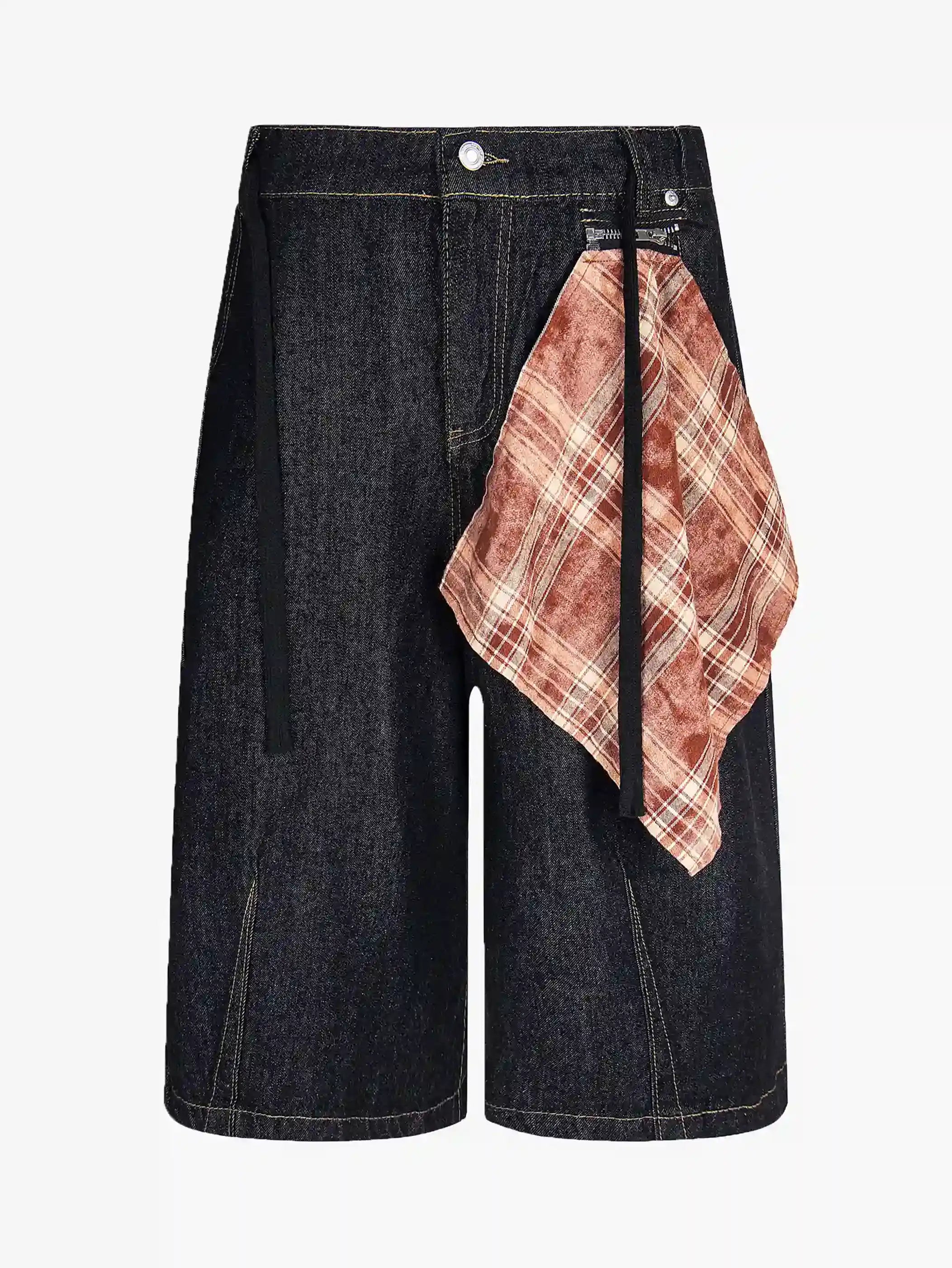 Plaid Scarf Detail Denim Streetwear Shorts-S1008