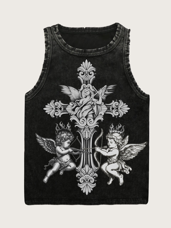 Double Crazy Streetwear Print Sleeveless Black Cross and Cherub Tank Top