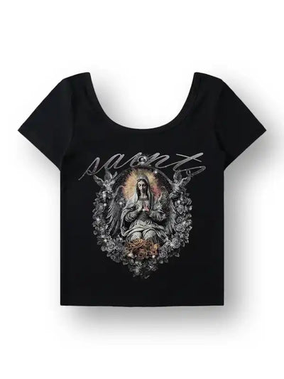 Camiseta corta gótica Y2K con estampado de ángeles santos-165