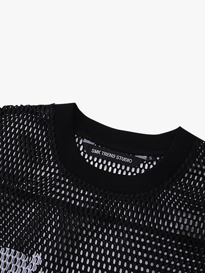 Bold Graphic Mesh Long-Sleeve Top -s906