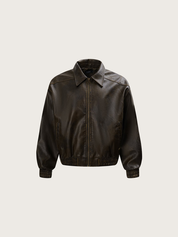 Vintage-Inspired Dark Brown Faux Leather Jacket with a Zip-Up Front