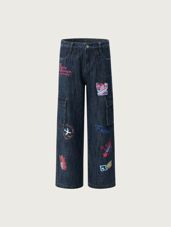 Vintage Style Denim Wide-Leg Cargo Pants Featuring Vibrant Embroidered Patches