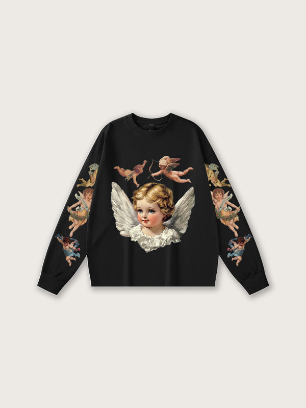 Retro Streetwear Style Vintage Angelic Print Long Sleeve T-Shirt with Cherubs