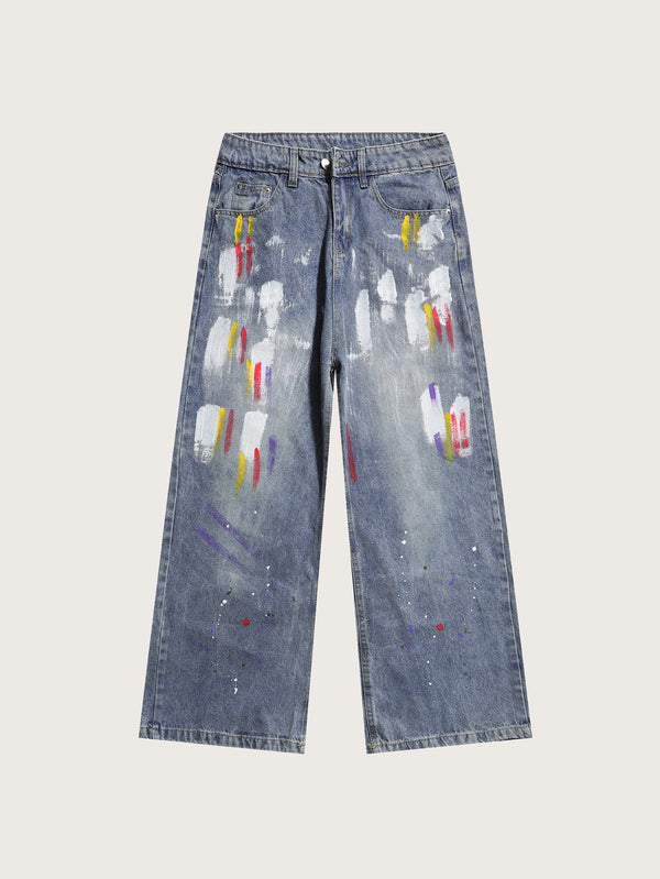 Artistic Hand-Painted Wide-Leg Denim Jeans featuring Vibrant Brushstroke Details