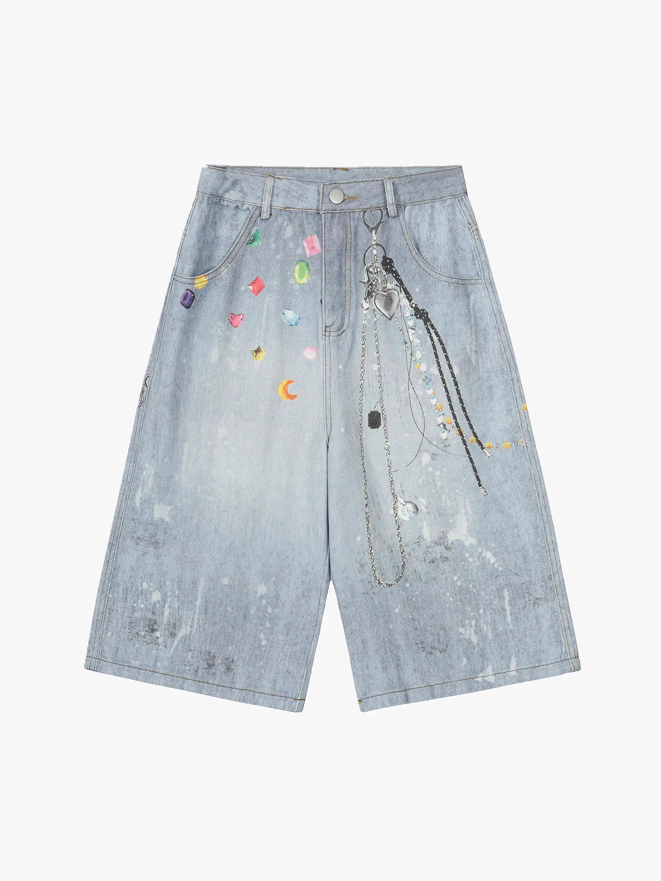 New Style Denim Shorts with Chains and Colorful Charms Trendy Streetwear Casual Shorts - S991