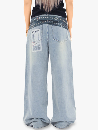 Y2K Studded Patchwork Wide Leg Denim Pants-S1003