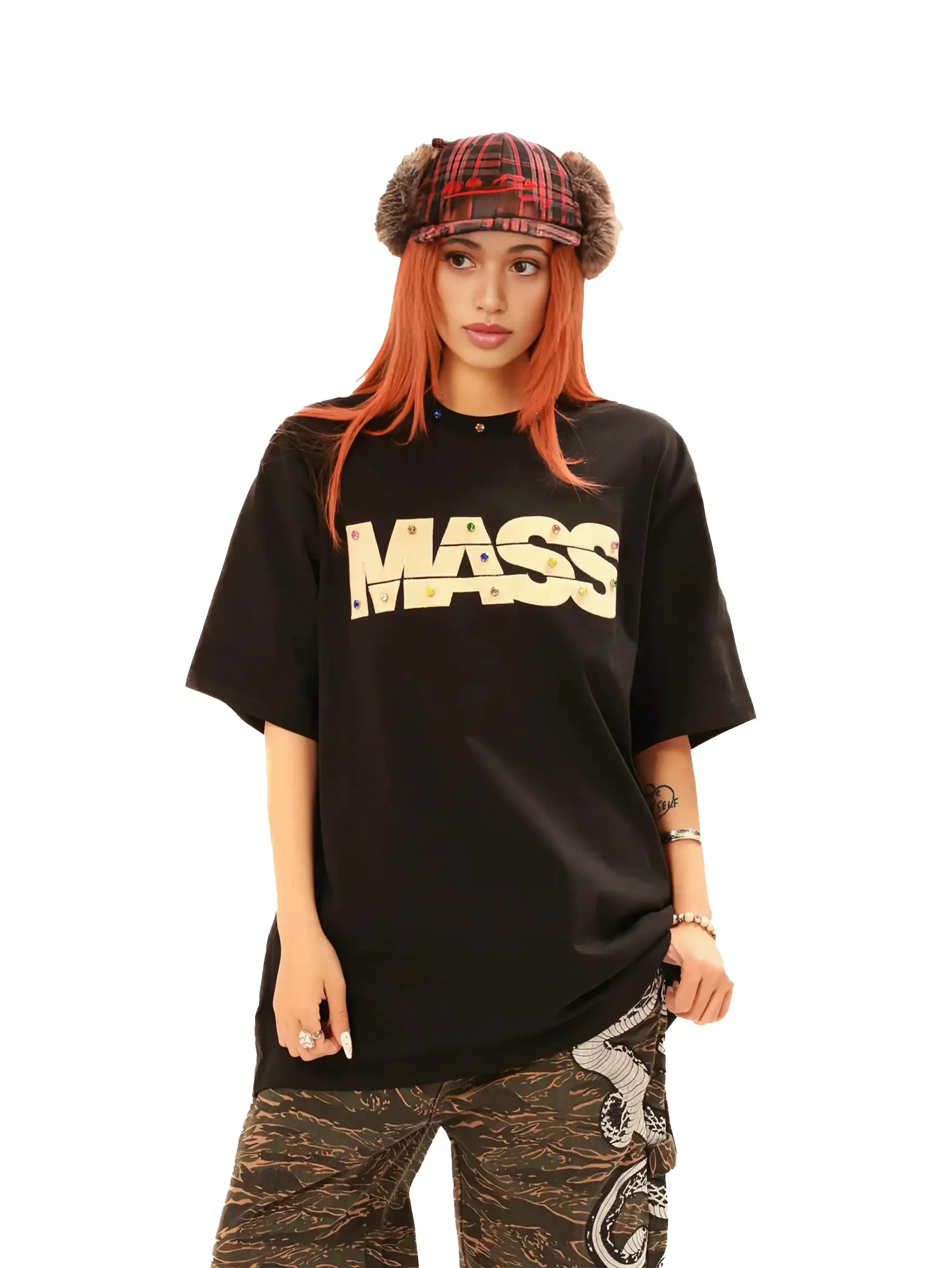Jewel-Accented MASS Print Oversized T-shirt-S1004