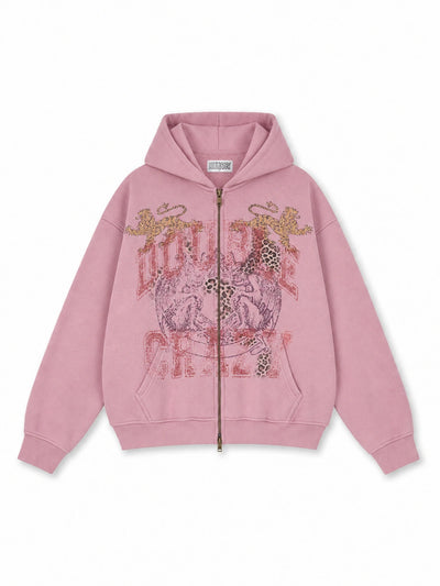 Faded Leopard Text Zip Hoodie-752