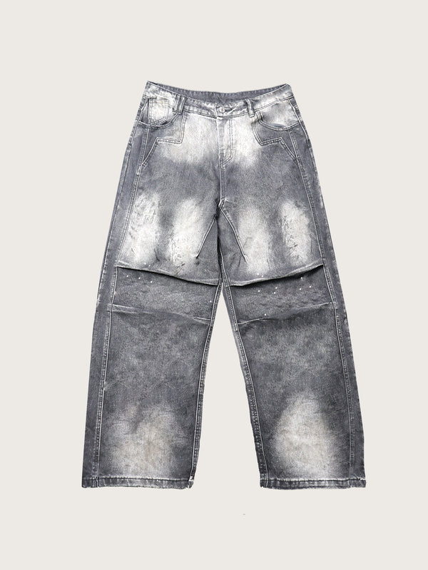 Washed Grey Denim Pants featuring Subtle Distressing Layered Front Panels Wide-Leg Fit