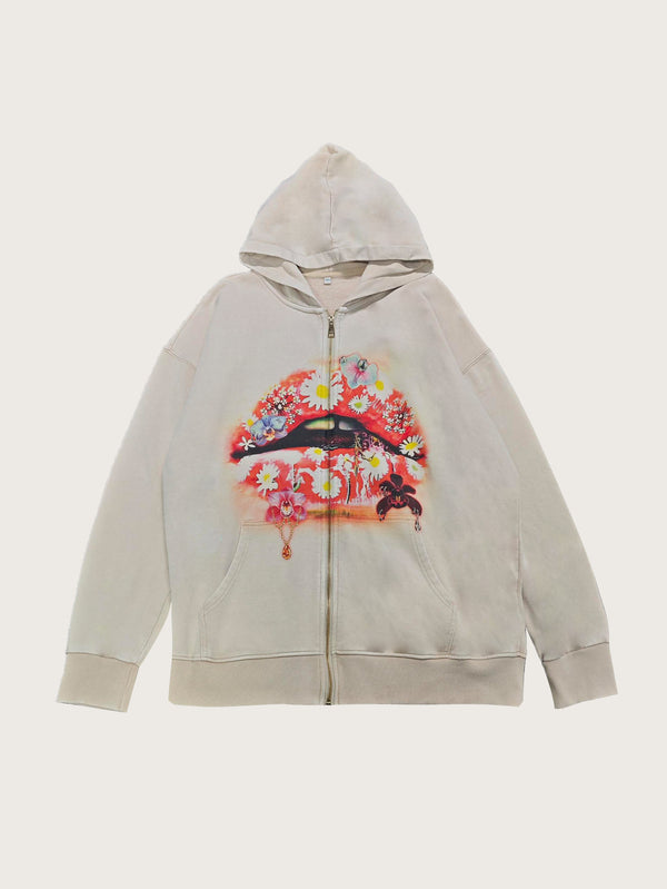 Beige Hooded Jacket Floral Graphic Print Unisex Casual Streetwear Zipper Hoodie