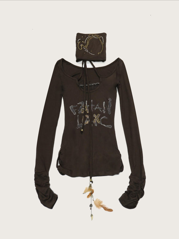 Brown Long Sleeve Top Bohemian Style Feather Pendant Embellished Graphic Design