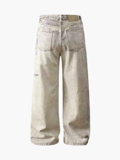 Beige Wide Leg Vintage Printed Jeans-S1026