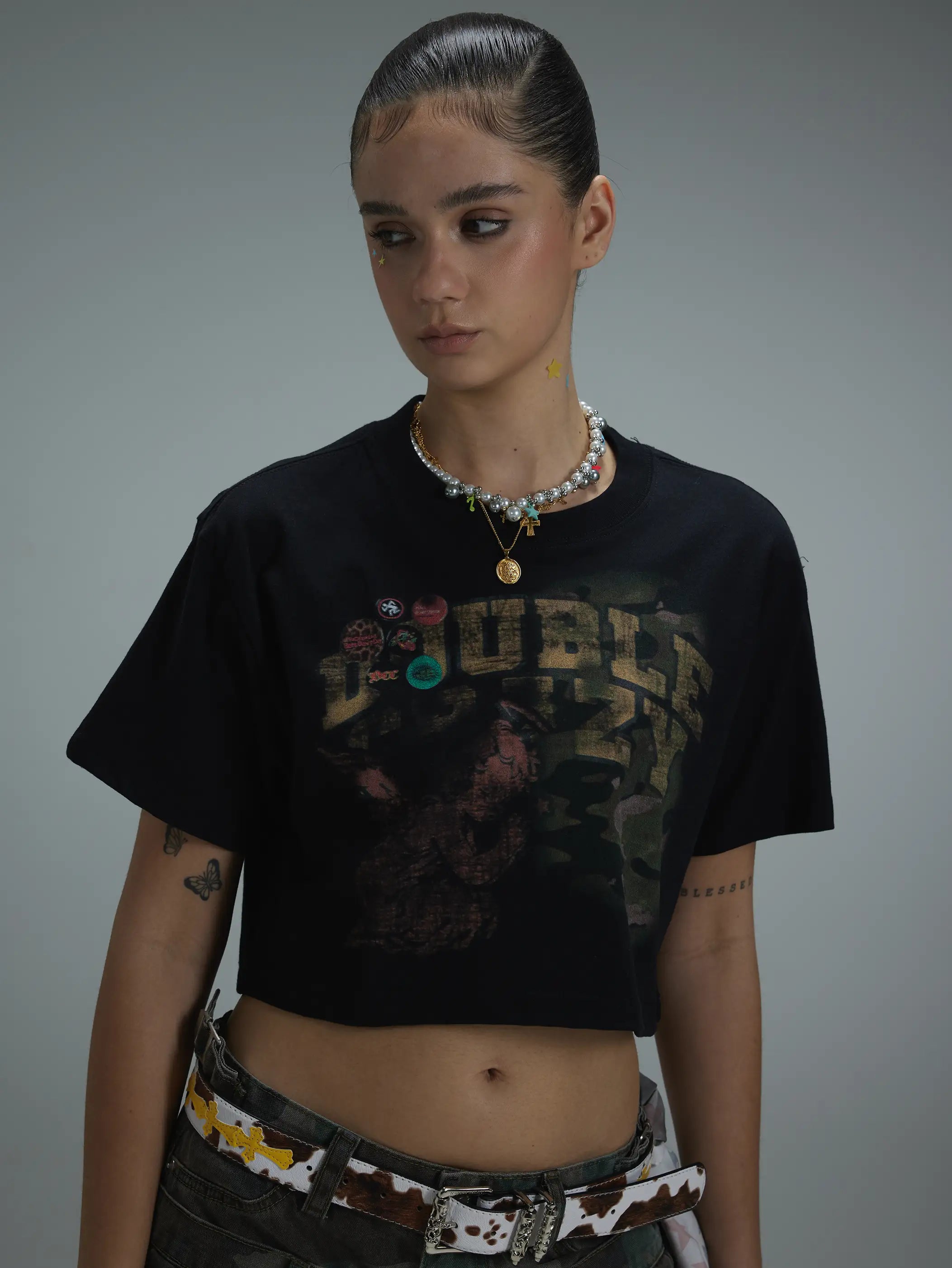 Acid Washed Boxy Graphic Crop Tee-437