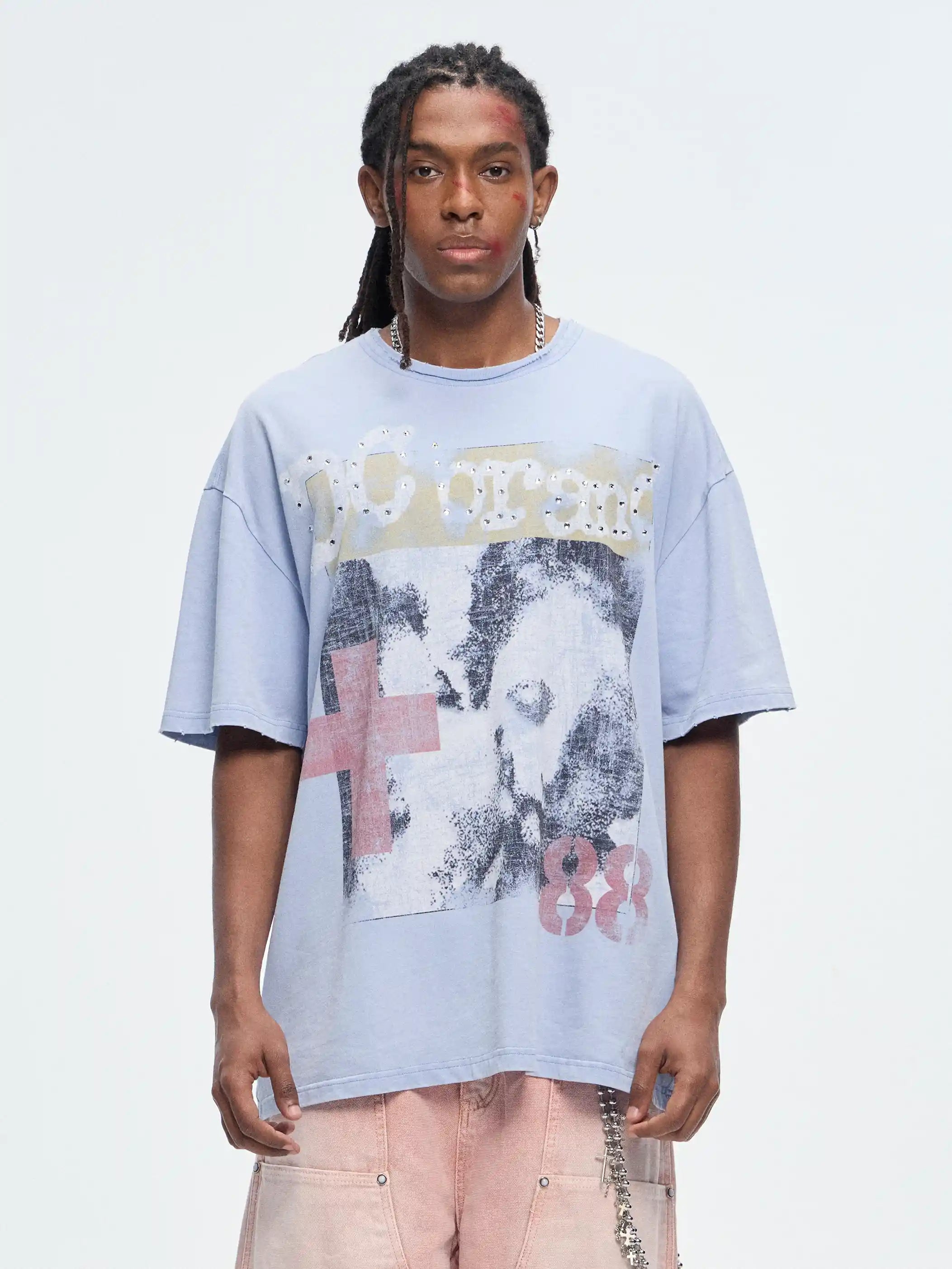 Vintage Cross Gemmed Grunge Tee-462