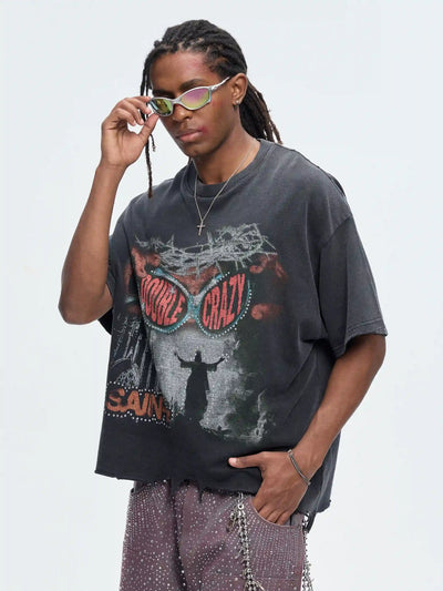 Camiseta gráfica con bajo sin rematar Faded Raw Hem Iced-Eye-463