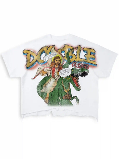 Camiseta Gráfica de Jesús con Bajo sin Rematar Vintage de Corte Holgado-468