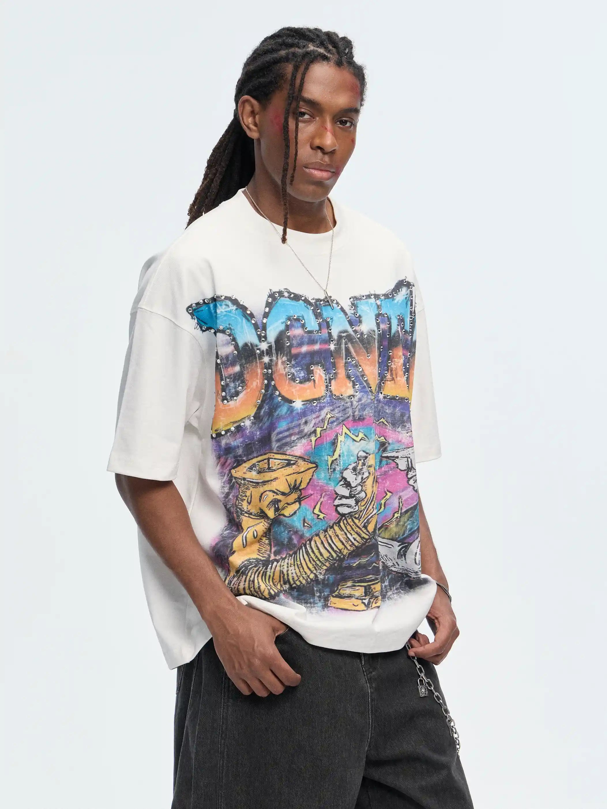 Camiseta corta extragrande con aerógrafo y pedrería - 470