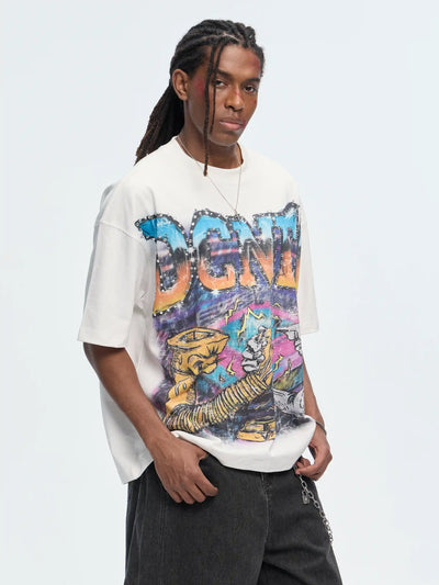 Camiseta corta extragrande con aerógrafo y pedrería - 470