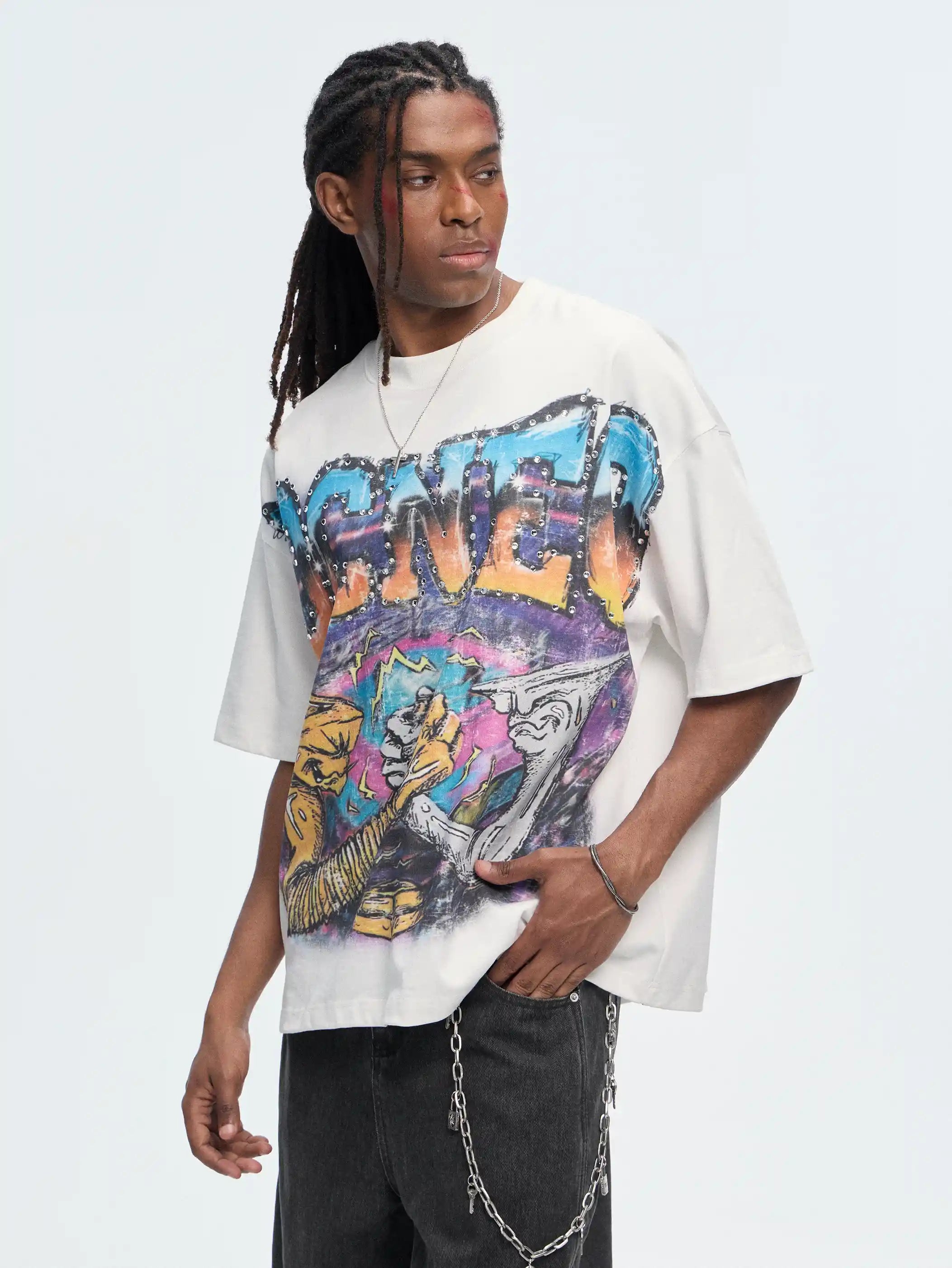 Camiseta corta extragrande con aerógrafo y pedrería - 470