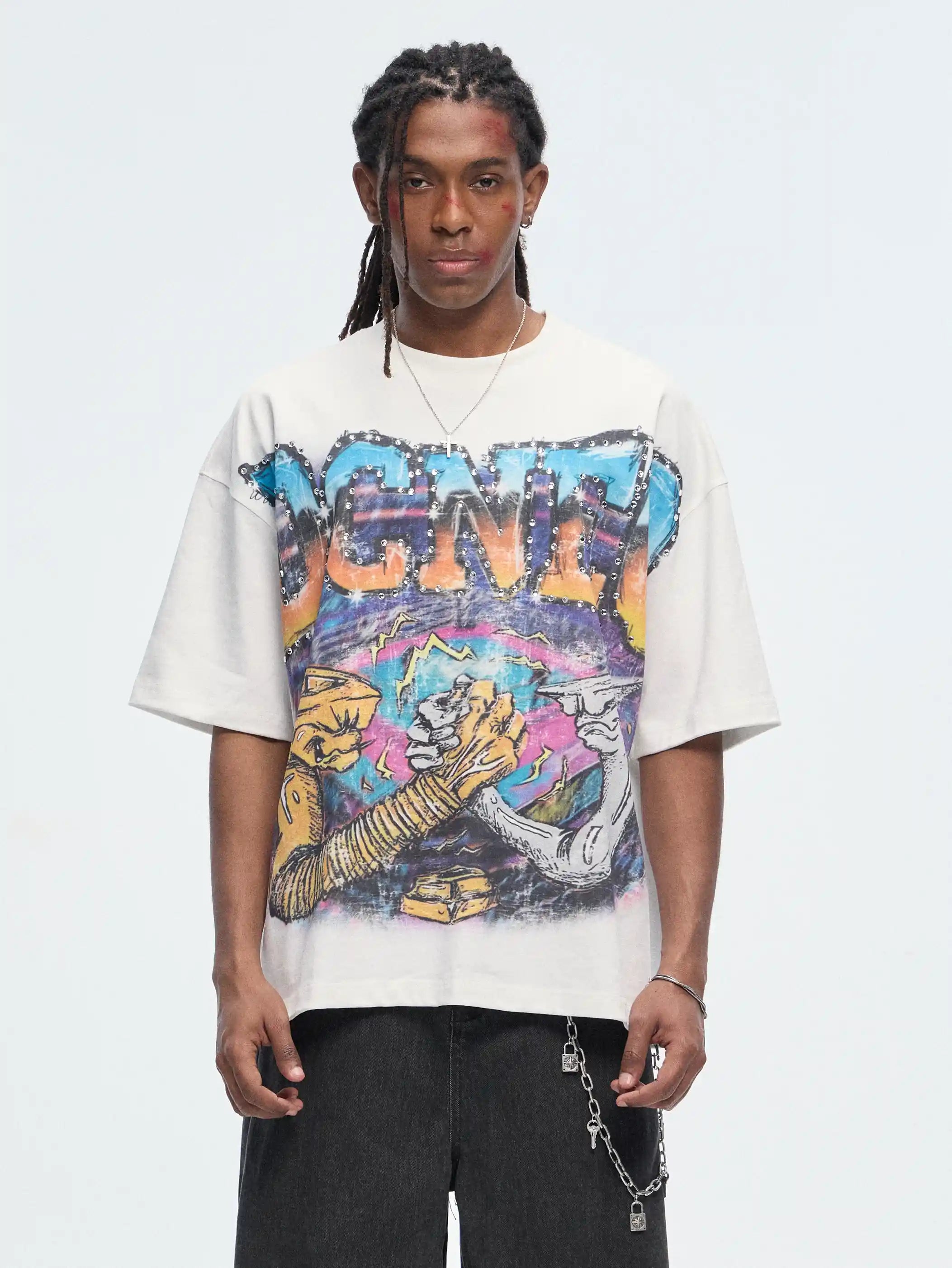 Camiseta corta extragrande con aerógrafo y pedrería - 470