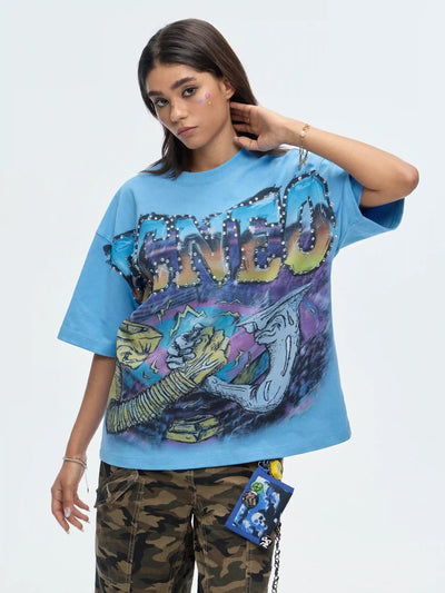 Camiseta corta extragrande con aerógrafo y pedrería - 470