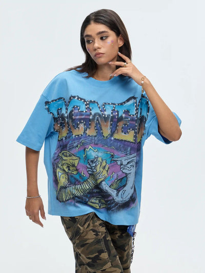 Camiseta corta extragrande con aerógrafo y pedrería - 470