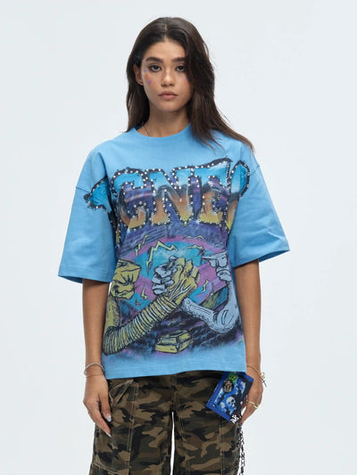 Camiseta corta extragrande con aerógrafo y pedrería - 470
