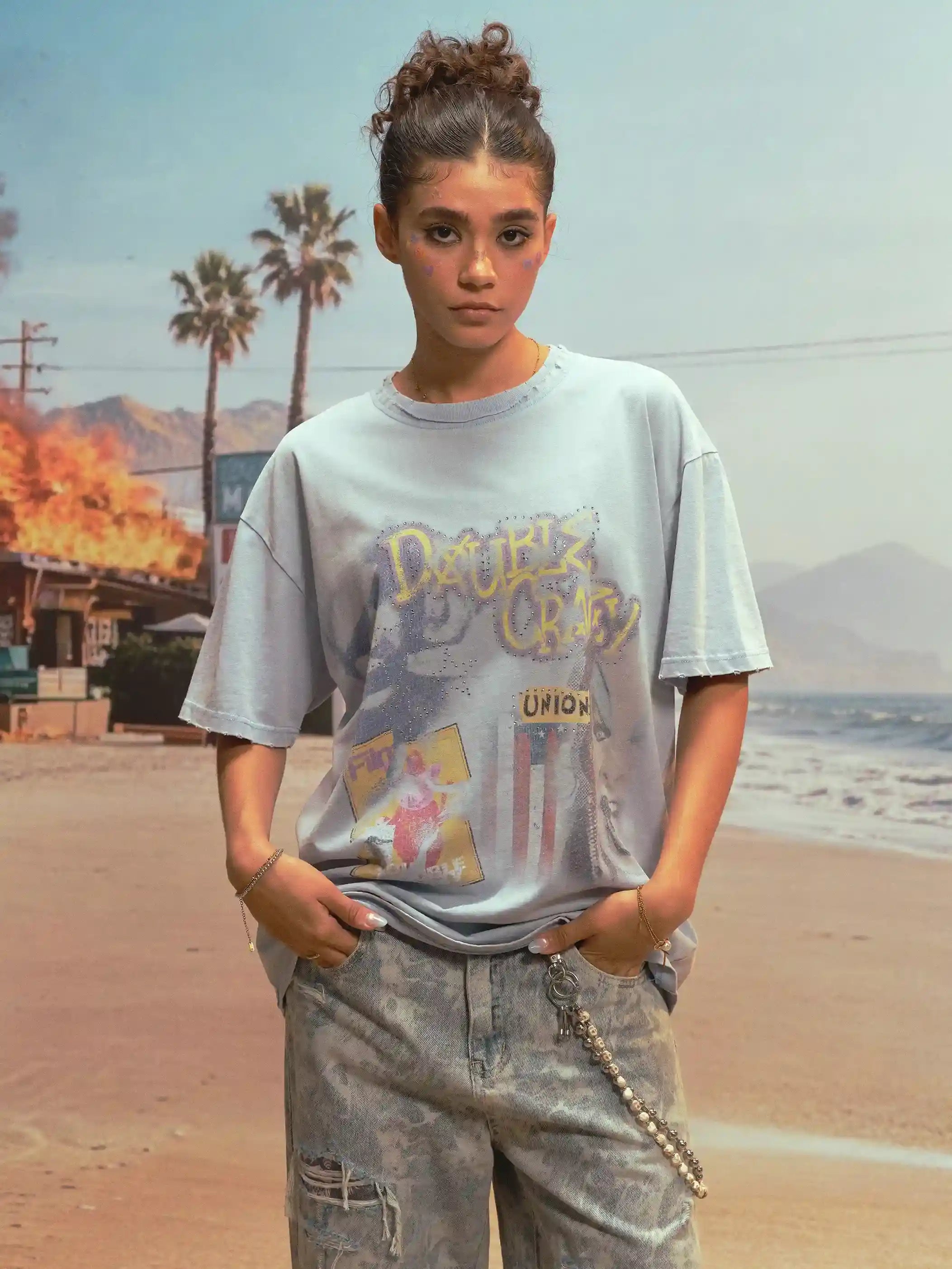 Collage Rhinestone Acid Wash Tee-471