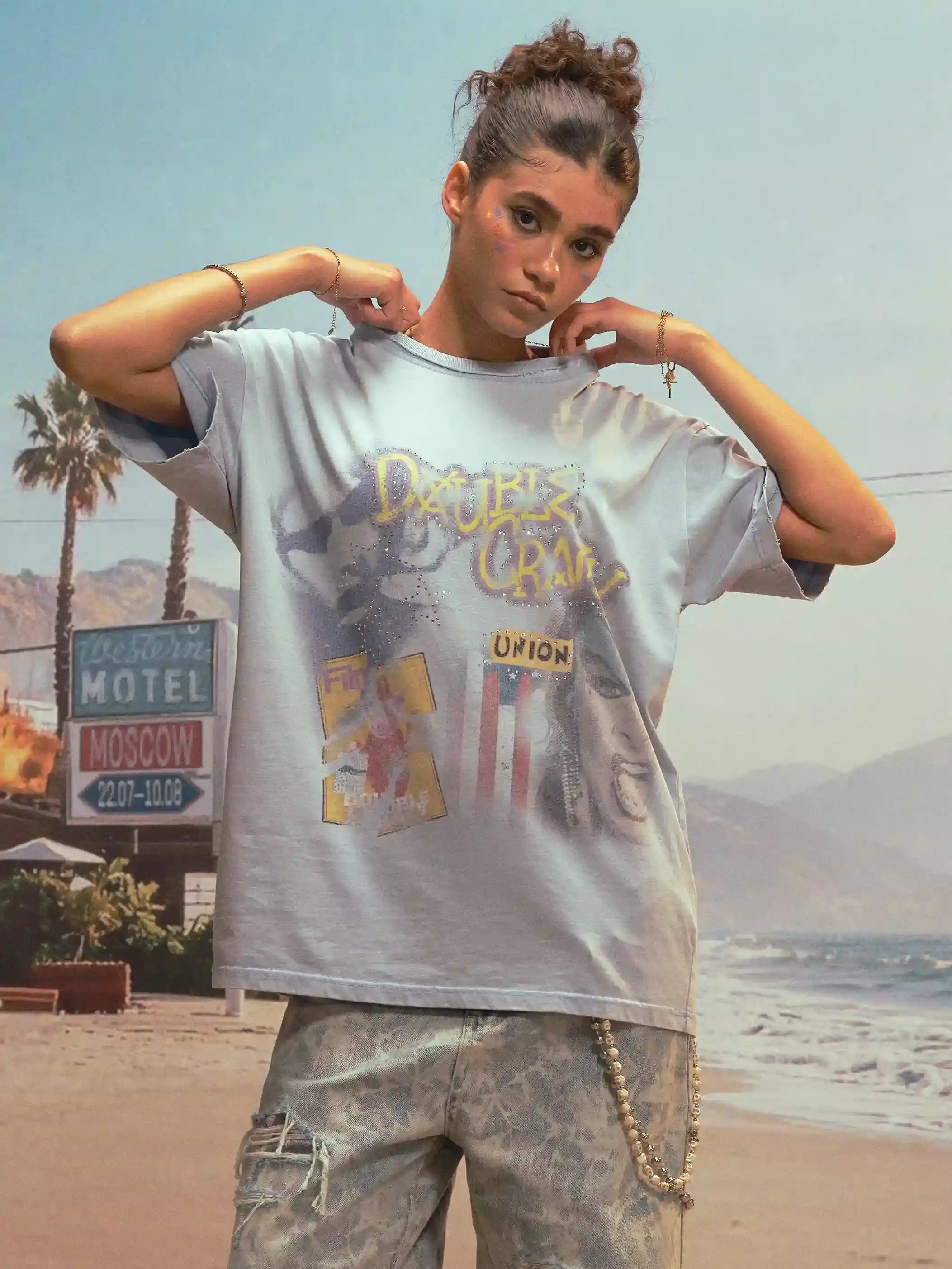 Collage Rhinestone Acid Wash Tee-471