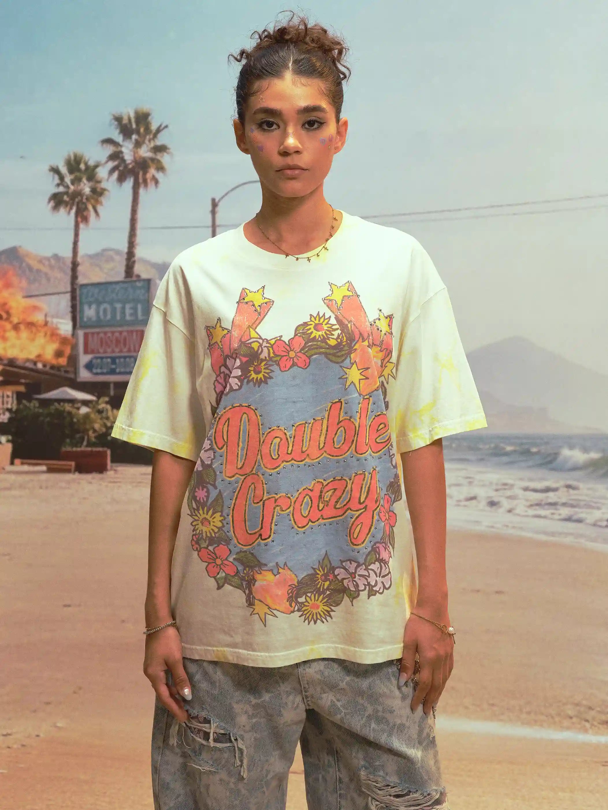 Floral Rhinestone Tie-dye Tee-477