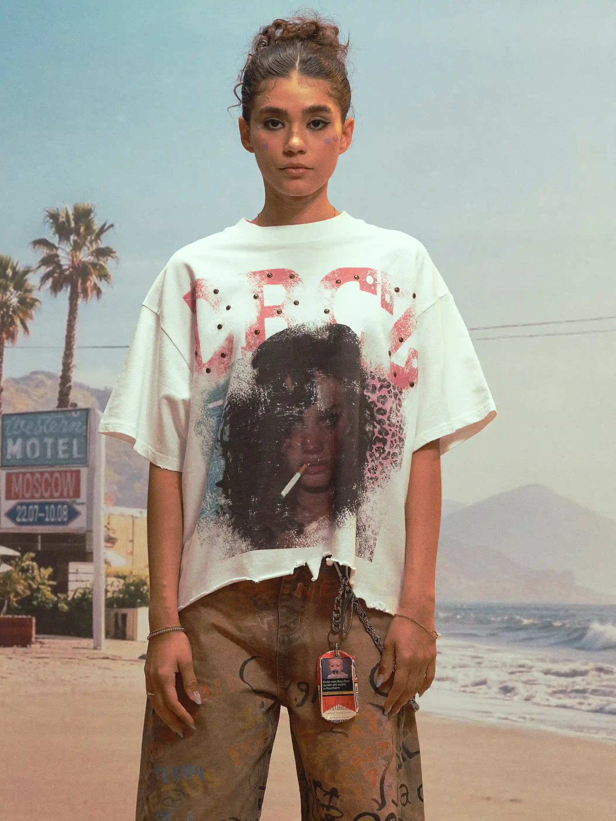 Sad Girl Rhinestone Raw Hem Tee-479