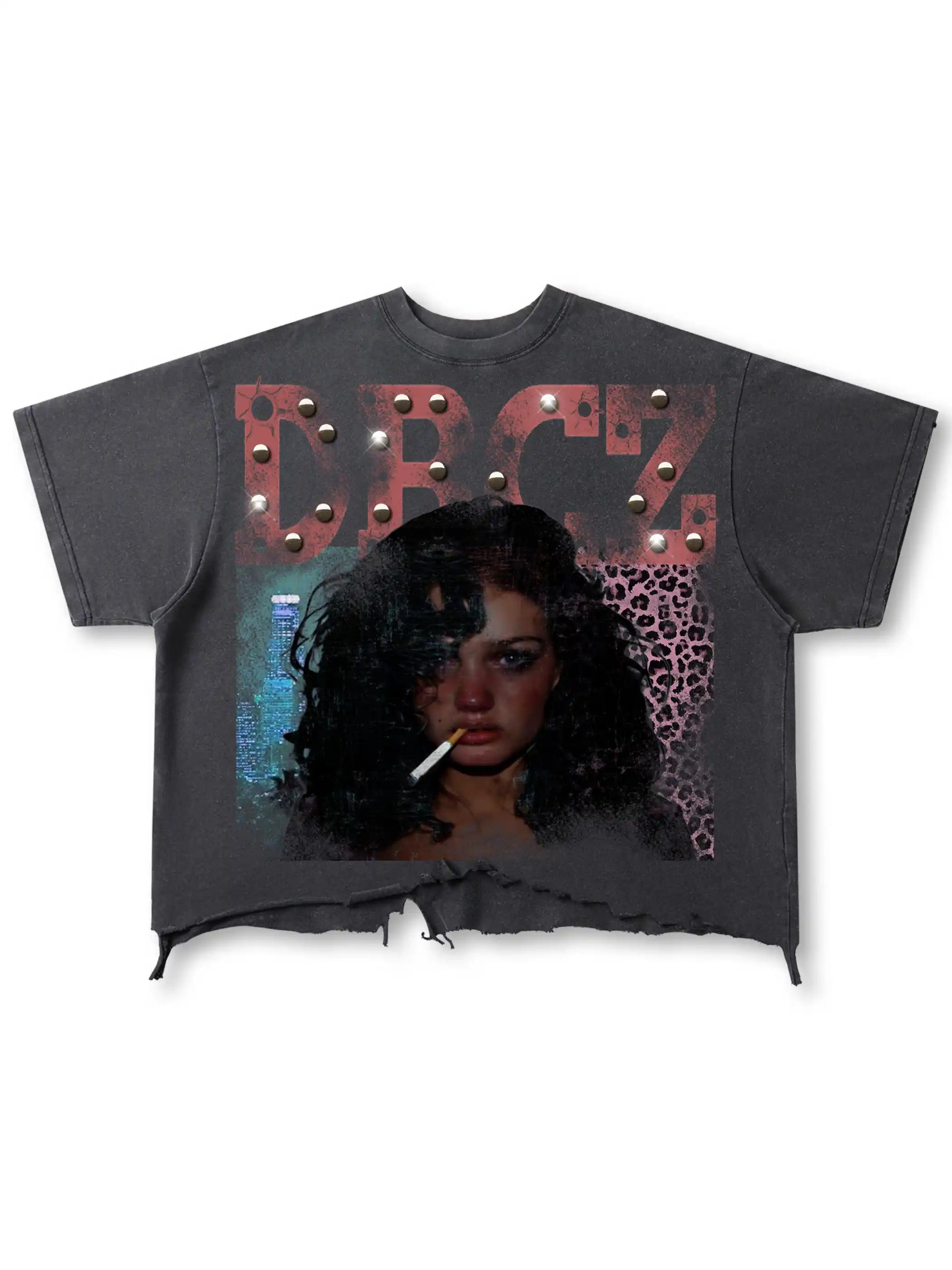 Sad Girl Rhinestone Raw Hem Tee-479