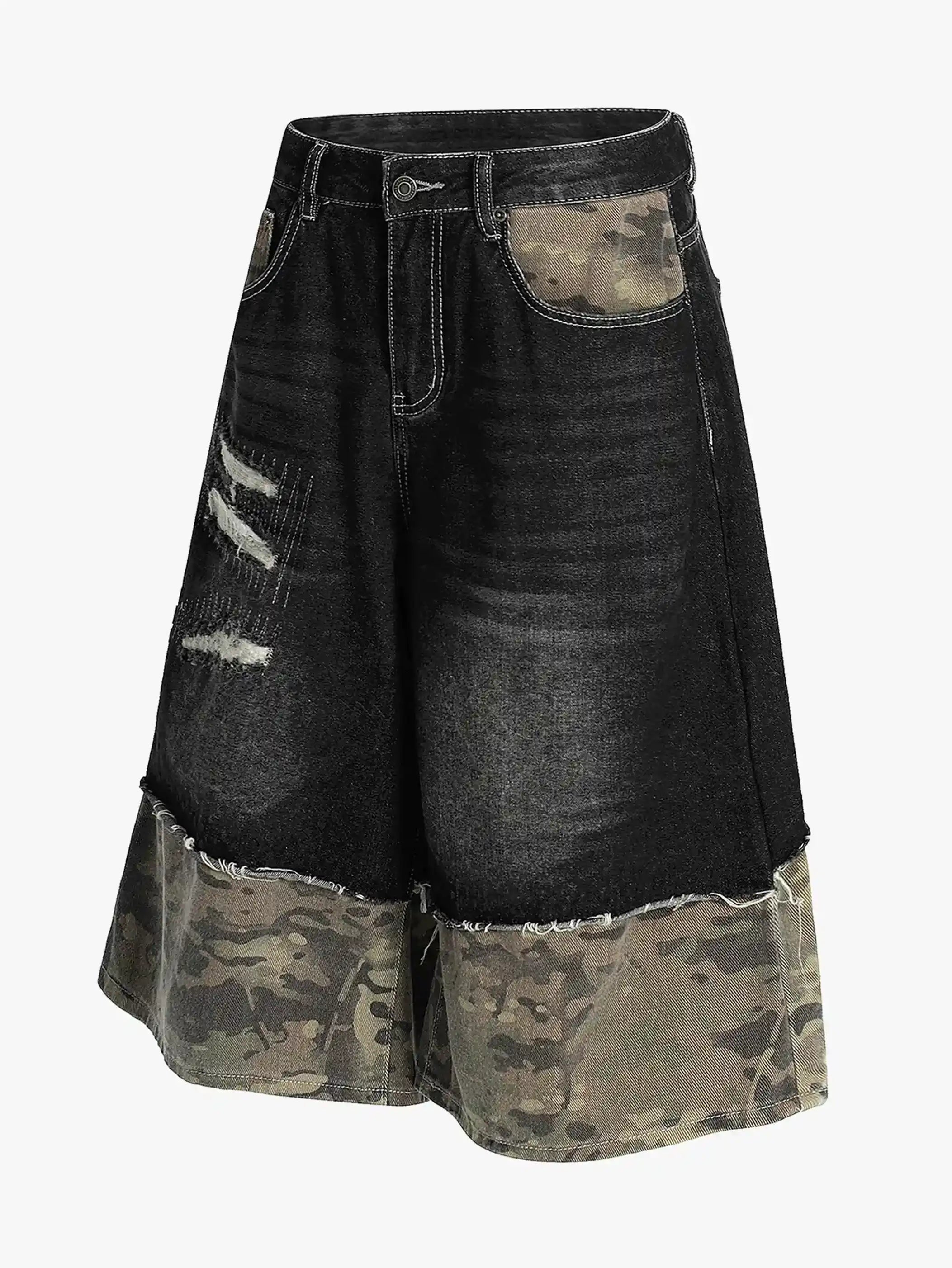 Vintage Camo Patchwork Wasteland Denim Shorts-S1077