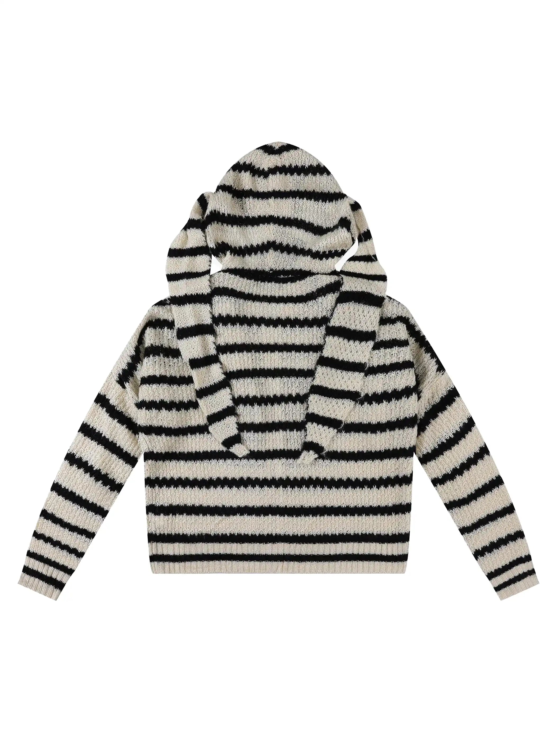 Whimsical Big-Ear Striped Knit Hoodie-S1111