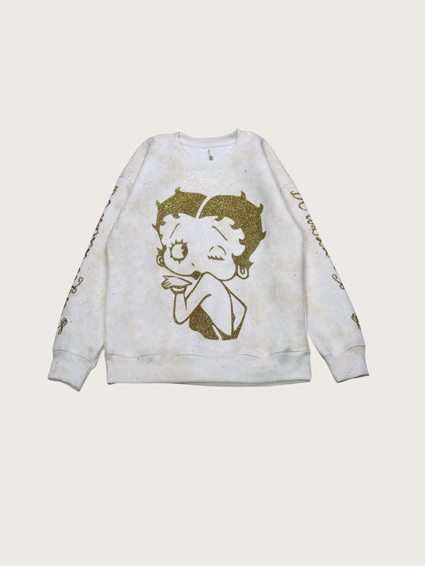 White Oversized Sweatshirt Glitter Cartoon Graphic Print Unisex Streetwear Pullover