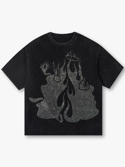 Camiseta vintage desgastada con diamantes de DOBLELOCO de hombre de dos caras y llamas-044