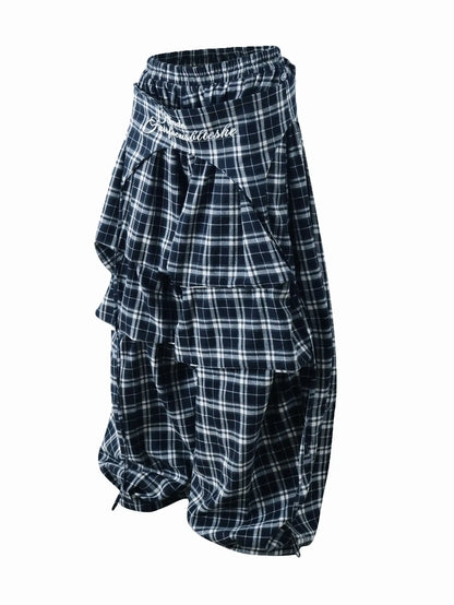 Plaid Loose Fit Layered Cargo Pants-S1041